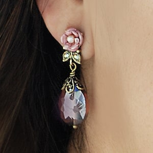 Crystal Earrings, Rose Earrings, Flower Earrings, Rose Jewelry, Vintage Jewelry, Pink Crystal Earrings, Statement Necklace, Enamel Jewelry