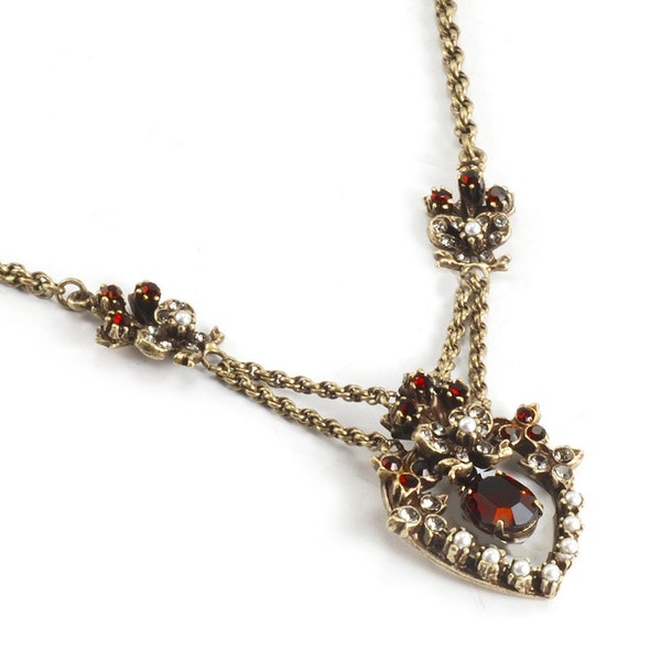Garnet Crystal Victorian Heart Necklace, Ruby Red Vintage Bridal Necklace, Garnet and Pearl Necklace N958