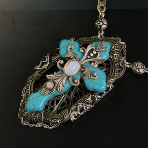 Vintage Cross Necklace, Turquoise Cross Statement Necklace, Paris Cathedral Cross Necklace N1005