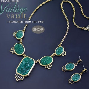 Vintage Art Deco Jadeite Glass Necklace: Bronze Floral Statement Jewelry