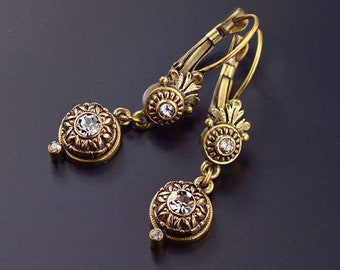 Victorian Dangle Earrings: Romantic Crystal Bronze Gold Leverbacks