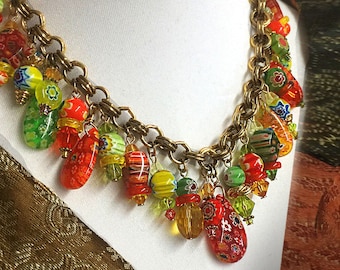 Millefiori Bead Statement Necklace, Colorful rainbow glass bead necklace, Millefiori glass flower jewelry N385