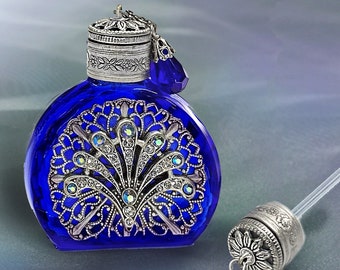 Perfume Bottle Blue Vintage Perfume Essential Oil bottles Mini Perfume Scent Bottle Art Deco Jeweled Czech Glass Bottle 613