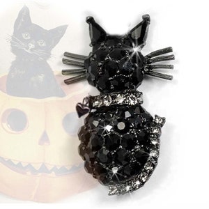 Black Cat Crystal Vintage Brooch, Retro Halloween Cat Pin, Halloween Gifts, Cat Lady Collector Pin P323