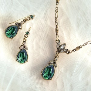 Emerald Teardrop Vintage Wedding Necklace and Earring Set, Emerald Set, Simple Wedding Jewelry, Emerald Green Crystal N1170-EM-SET
