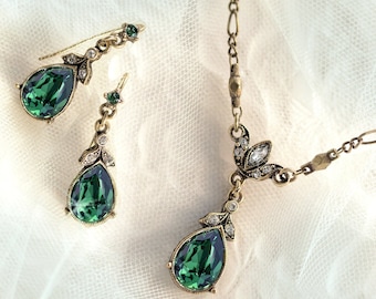 Emerald Teardrop Necklace and Earring Set: Vintage Wedding Jewelry
