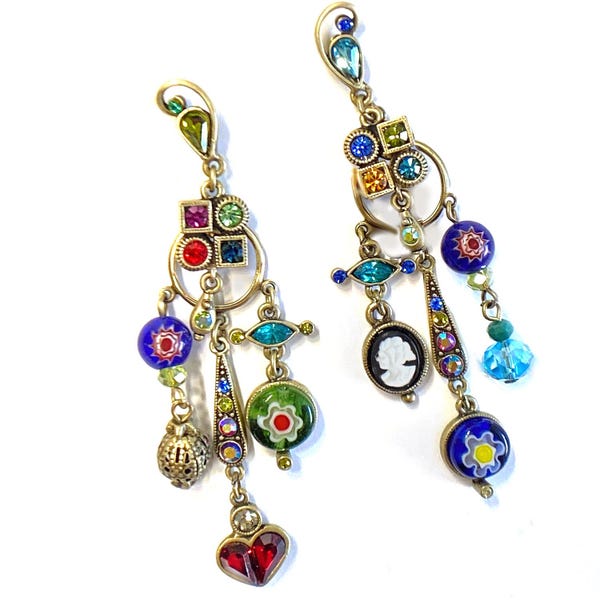 Mismatched modernist long geometric earrings, retro colorful odd pair, modern art earrings. E475-mm