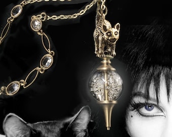 Elvira's Kat op Kristallen Bol Ketting, Meesteres van de Donkere, Kat Ketting, Gotische Ketting, Zwarte Kat, Kitty, Halloween Ketting EL_N117