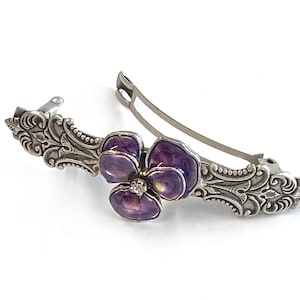 Enamel pansy flower barrette hair ornament, Mid century, Edwardian, Purple Pansy deco, silver barrette, thin hair. Made in USA B509