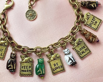 Cat charm bracelet, Inspirational message gift for cat lover, Cat and kitten charms, Christmas cat gift BR549