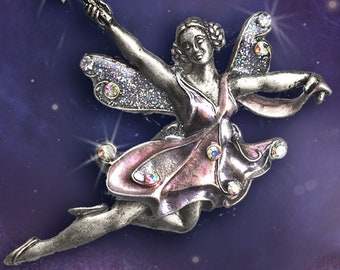 Fairy Brooch, Silver Art Nouveau Fairy, Ballerina pin brooch, Fantasy pin, Flying Fairy pin P905