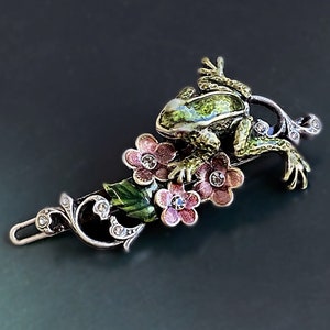 Frog barrette, Enamel and crystal frog hair barrette, Barrette for thin fine hair B520