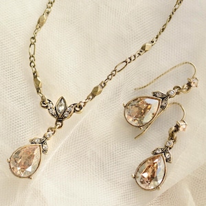 Teardrop Wedding Necklace and Earring Set, Bridal Jewelry, Bridal Set, Simple Wedding Jewelry, Gold, Bronze, Topaz, Neutral N1170-GS-SET