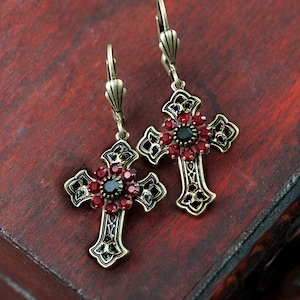 Garnet Cross Earrings, Victorian Garnet Jewelry, Dangle Cross Earrings, Dainty Cross Earrings, Red Cross, Christmas Gift E1443