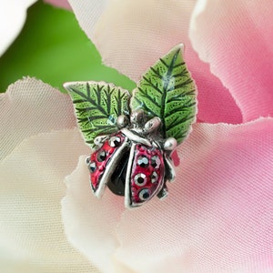 Enameled Ladybug Pin: Hematite Crystal Insect Lapel Pin