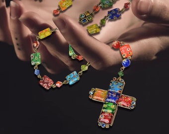 Millefiori Glass Rosary: Swarovski Crystal Cross Necklace