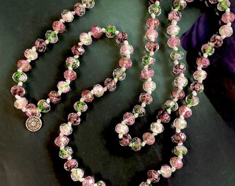 Collier Vintage Pendentif Verre Murano Strass Roses - Chaine Laiton 70 Cm - Occasion Fabriqué En France