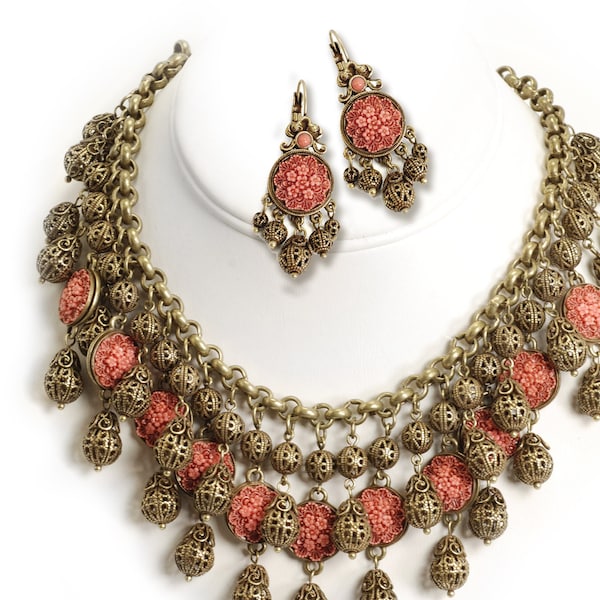 Coral Vintage Statement Necklace and Earrings,  MCM Filigree Necklace , Earrings, Collar Bib Necklace, Retro Celluloid Necklace NE1042