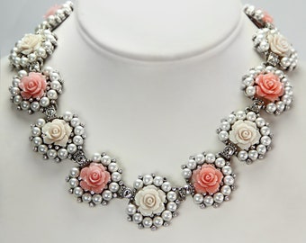 Rose Necklace, Pearl Statement Necklace Jewelry,  Flower Collar, Vintage Wedding Necklace  N1501