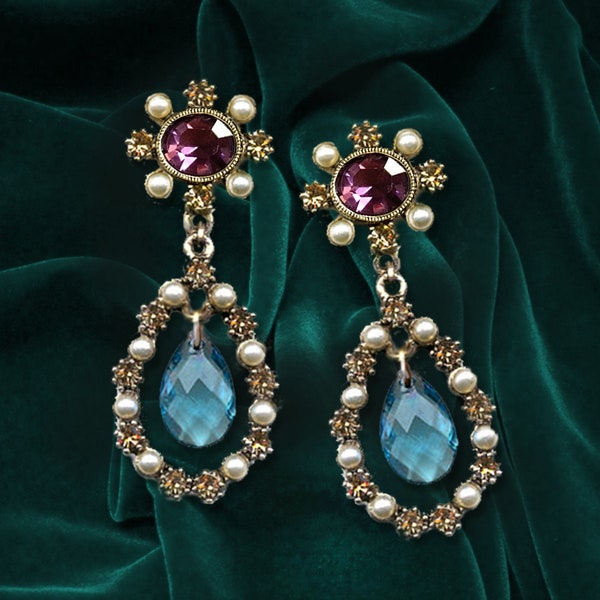 French Regency royal tourmaline crystal earrings,  jeweled coronation wedding jewelry, vintage statement set, 18th century costume E531