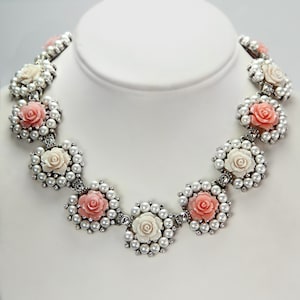 Rose Necklace, Pearl Statement Necklace Jewelry,  Flower Collar, Vintage Wedding Necklace  N1501
