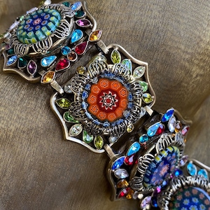 Millefiori Glass Retro Statement Bracelet, Murano Glass Jewelry, Rainbow Bracelet, Filigree Vintage Colorful Glass  Bracelet BR476