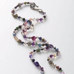 Boho Beaded Necklace: Purple Gemstone Knotted Necklace, 45&quot; Long