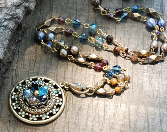 Flower Necklace, Boho Bead Vintage Necklace, Beach Silver Blue Crystal Gypsy Necklace, Flower Jewelry N1302