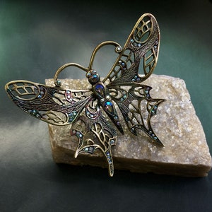 Art Nouveau Butterfly Brooch: Bronze Iridescent Crystal Pin