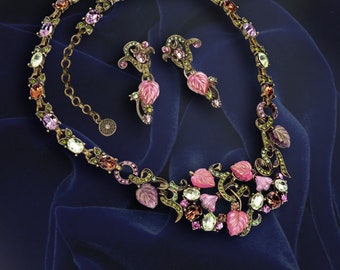 Satin Glas Blatt Schmuck Set: Vintage Obstsalat Kette & Ohrringe