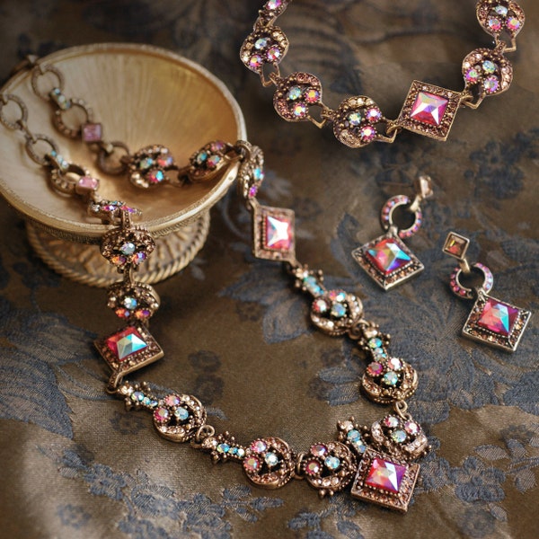 Vintage Midcentury 1950s Crystal Rhinestone Necklace Bracelet and Earrings, Pink Aurora Rhinestone Crystal Jewelry 1960 1950   N1156