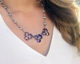 Enamel Pansy Necklace, Purple and Pink Pansies, Flower Jewelry, Spring Jewelry, Pansy Jewelry, Flower Necklace, Vintage Enamel N1155