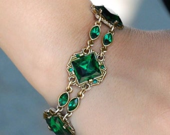 Art Deco Bracelet, Emerald Bracelet, Garnet Bracelet, Czech Glass, longer 9 inch bracelet, Gatsby Bracelet, Czech Jewelry BR540