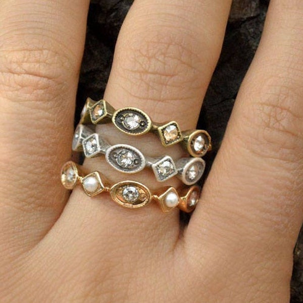 Vintage Stacking Rings, Stackable Rings, Silver Bronze Gold Stack Rings, Bohemian Jewelry, Wedding Rings, Wedding Band, Pearl, Crystal R600