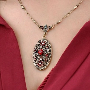 Garnet Crystal Pendant Necklace: Burnished Bronze Victorian Floral