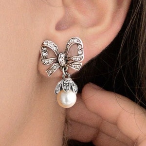 Bow Earrings, Pearl Bow, Silver Bow Earrings, Ribbon