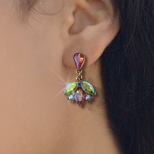 Rainbow Aurora Earrings, Vintage Deco Aurora Earrings, Summer Jewelry, Aurora Crystal Earrings, Post or clip on E177