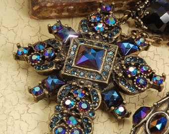 Vintage Iridescent Cross Necklace, Peacock Blue Aurora crystal Cross, Retro antique renaissance style Made in USA by Sweet Romance  N1284