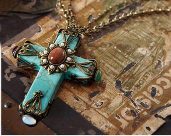 Turquoise Necklace, Rosary, Cathedral Cross Necklace, Cross Pendant, Turquoise Jewelry, Faith Necklace, Religious Jewelry N190
