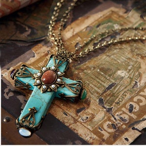Turquoise Necklace, Rosary, Cathedral Cross Necklace, Cross Pendant, Turquoise Jewelry, Faith Necklace, Religious Jewelry N190 image 1