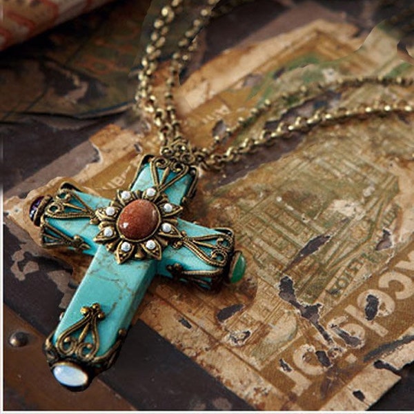 Collier turquoise, chapelet, collier croix cathédrale, pendentif croix, bijoux turquoise, collier foi, bijoux religieux N190