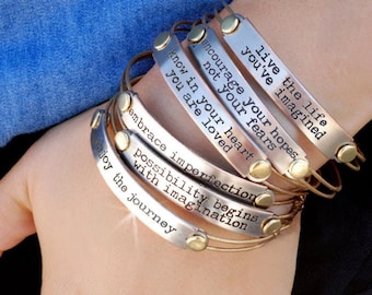 Inspirational Bracelet, Motivational Bracelet, Inspirational Jewelry, Quote Bracelet, Message Bracelet, Stamped Bracelet, Engraved Words