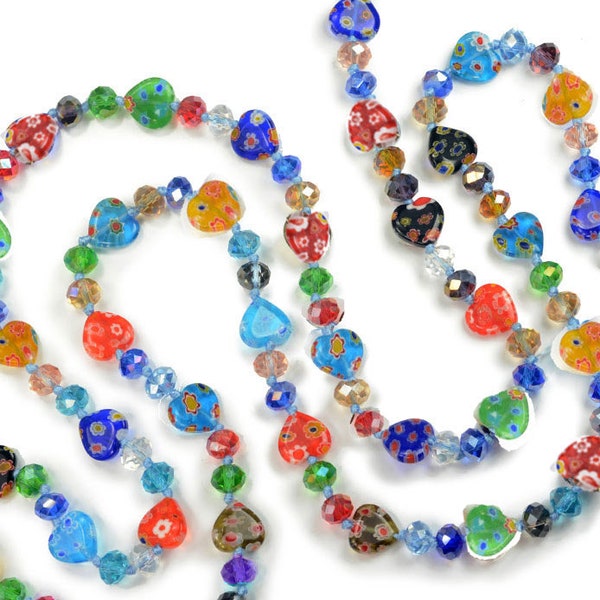 Millefiori Collier de perles nouées en verre, collier coeur en verre, collier perles longues, collier long arc-en-ciel N1474