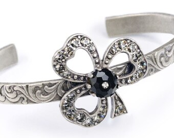Victorian Clover Bracelet: Crystal Trefoil Cuff, St Patricks Day Jewelry