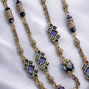 Long Iridescent Peacock Chain Necklace, Blue Purple Geometric Renaissance,  N1271-N