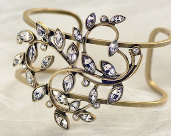 Crystal leaves vine art nouveau statement bracelet, Delicate vintage crystal marquis wedding bracelet, Sweet Romance Jewelry BR496