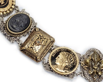 French Bracelet, Coin Bracelet, Cameo Bracelet, Fleur De Lis Bracelet, Paris Bracelet, French Coin, French Jewelry, Vintage Bracelet BR262