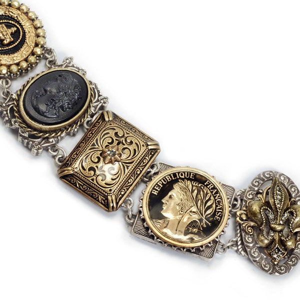 French Bracelet, Coin Bracelet, Cameo Bracelet, Fleur De Lis Bracelet, Paris Bracelet, French Coin, French Jewelry, Vintage Bracelet BR262