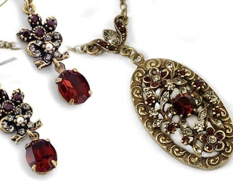 Garnet Necklace and Earrings Set, Red Necklace, Garnet, Crystal Necklace, Victorian Necklace, Gift for her, Christmas Jewelry N1069 E958 SET