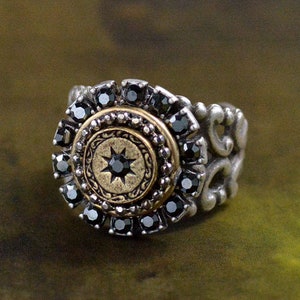 Hematite Halo Medallion Ring: Vintage Style Silver Estate Jewelry